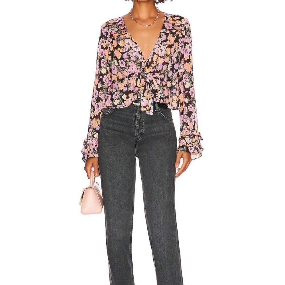 NWT Free People Maybel Top Sheer Floral Plunge V Neck Ruffled Cuff Bell Sleeves